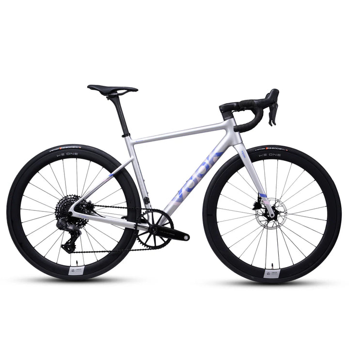 VOOK V8e carbon road bike in silver, side view
