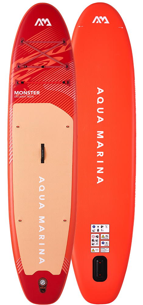 2026 Aqua Marina Monster 12'0" inflatable SUP paddle board BT-26MOP, deck and underside view in red and coral