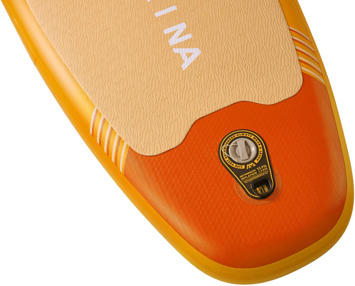 Square tail and rubber-patched air valve on the Aqua Marina Fusion inflatable SUP