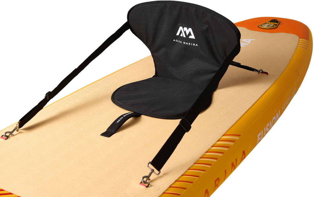 Optional kayak seat clipped to the stainless steel D-rings on the Aqua Marina Fusion deck (seat not included)
