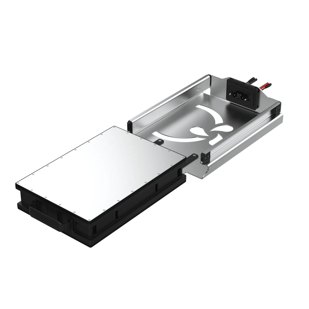 TEMO 2.3 kWh battery and autoconnect rack shown from the connector side