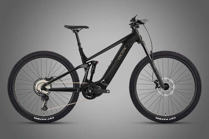 CYCTRAC EM6 4RD electric mountain bike in Cosmic Black, full side view