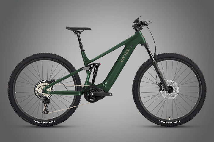 CYCTRAC EM6 4RD electric mountain bike in Emerald Dark Green, full side view