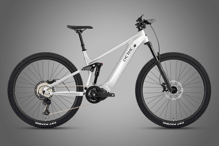 CYCTRAC EM6 4RD electric mountain bike in Satin Silver, full side view