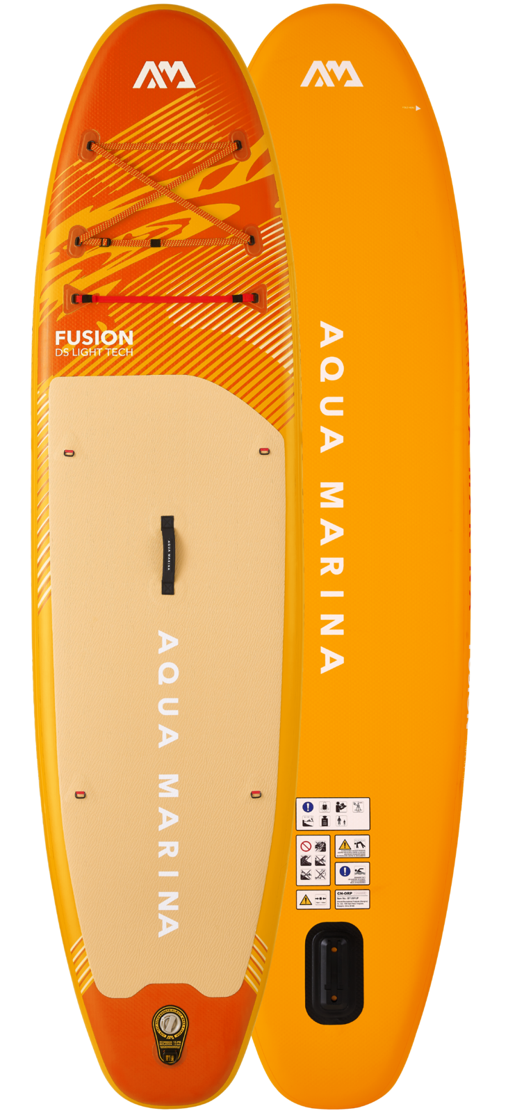 2026 Aqua Marina Fusion 10'10" inflatable SUP paddle board BT-26FUP, deck and underside view in orange