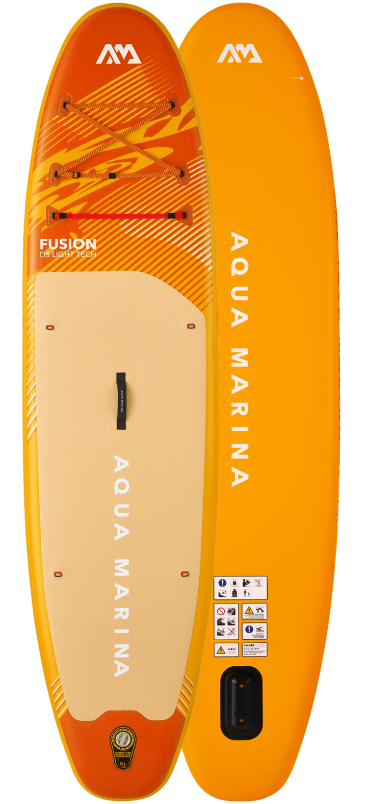2026 Aqua Marina Fusion 10'10" inflatable SUP paddle board BT-26FUP, deck and underside view in orange
