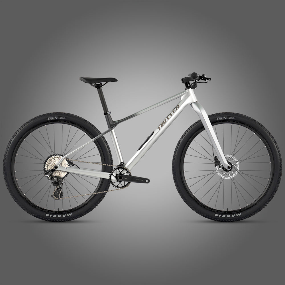 Twitter M10 carbon hardtail mountain bike – Silver Gray, side view