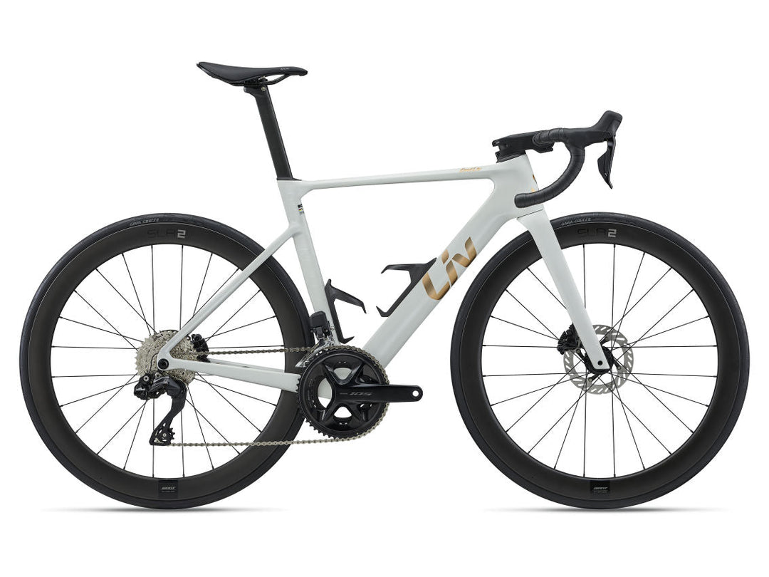 Liv 2027 EnviLiv Advanced 1 aero road bike in Null White with gold graphics, side view
