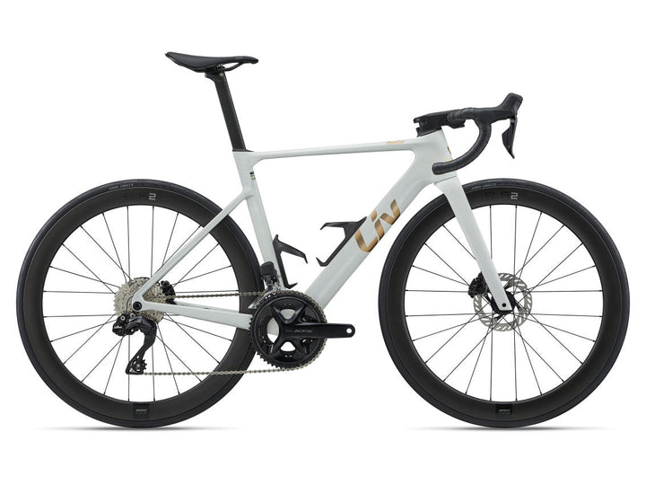 Liv 2027 EnviLiv Advanced 1 aero road bike in Null White with gold graphics, side view