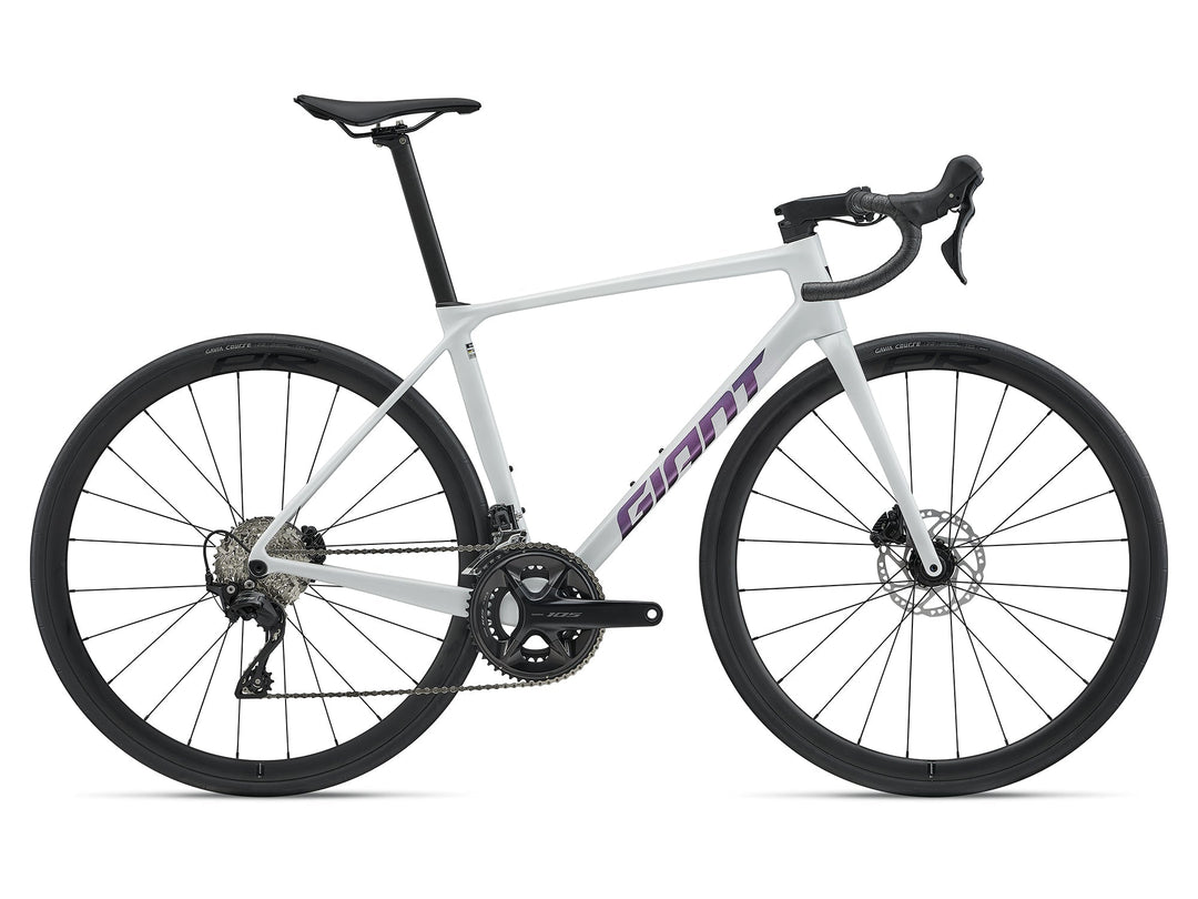 Giant 2027 TCR Advanced 2 KOM road bike in Pearl White with purple graphics, side view