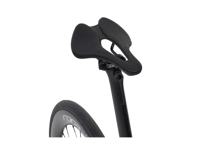 Close-up of the Quick Pro RIME AERO saddle and aero seatpost