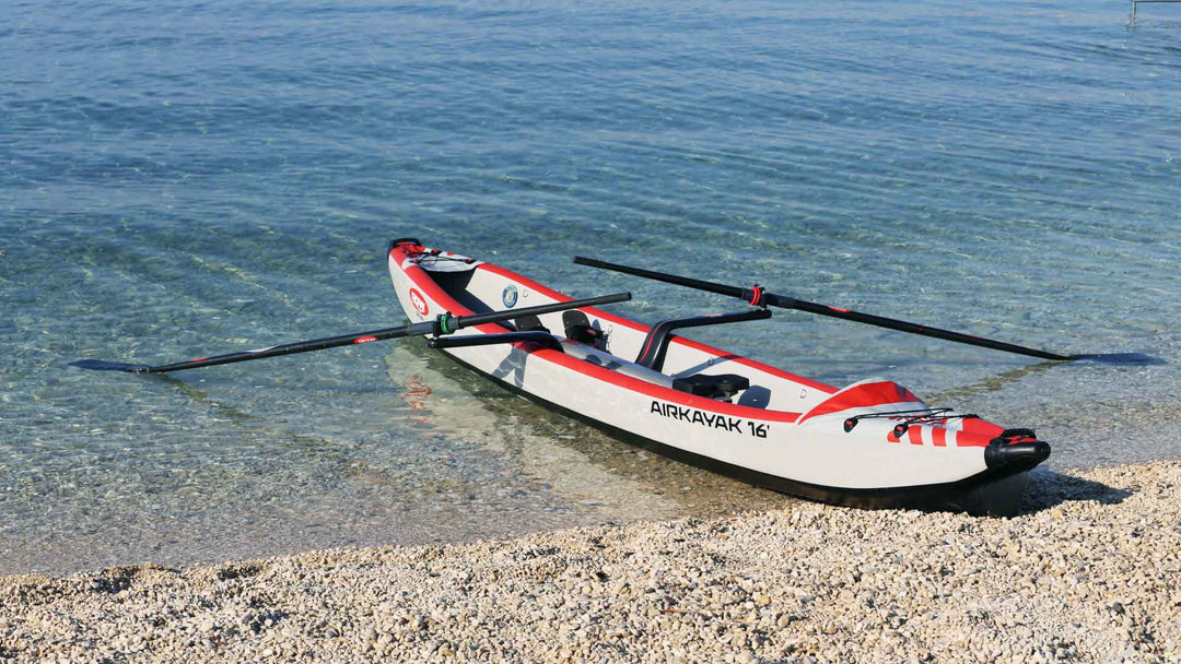 AIRKAYAK 16 fitted with a RowMotion sliding-seat rowing system and deep outrigger