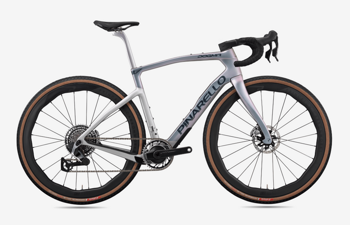 Pinarello 2026 Dogma GR gravel bike in Sky Silver CH140, side view