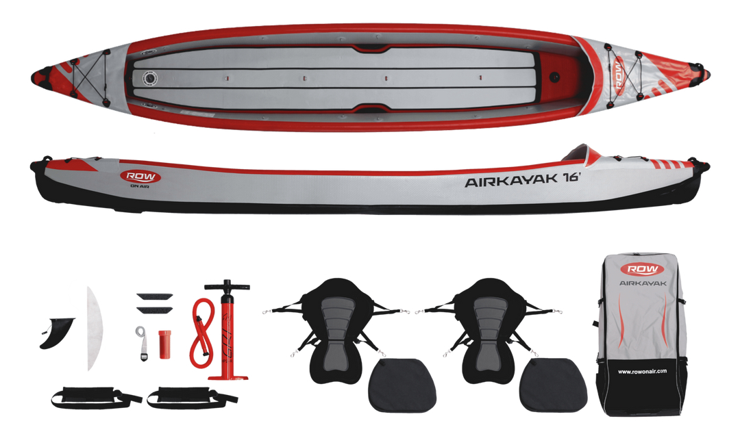 Everything included with the AIRKAYAK 16: kayak, two seats, footrests, sponges, backpack, pump, fin and repair kit
