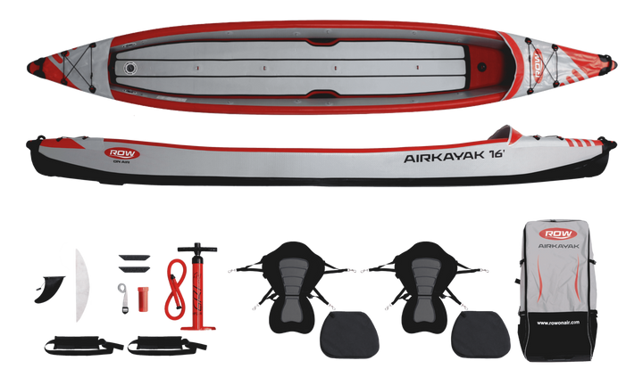 Everything included with the AIRKAYAK 16: kayak, two seats, footrests, sponges, backpack, pump, fin and repair kit