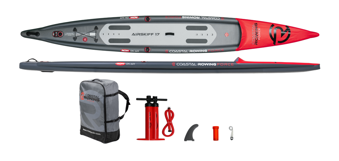 Everything included with the AIRSKIFF 17: skiff, wheeled backpack, pump, fin, wind shield, strap and repair kit