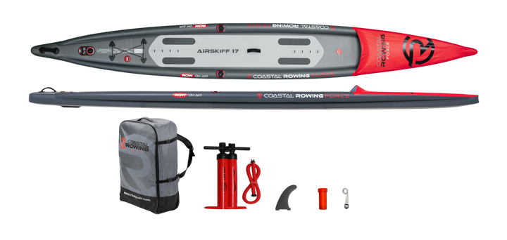 Everything included with the AIRSKIFF 17: skiff, wheeled backpack, pump, fin, wind shield, strap and repair kit