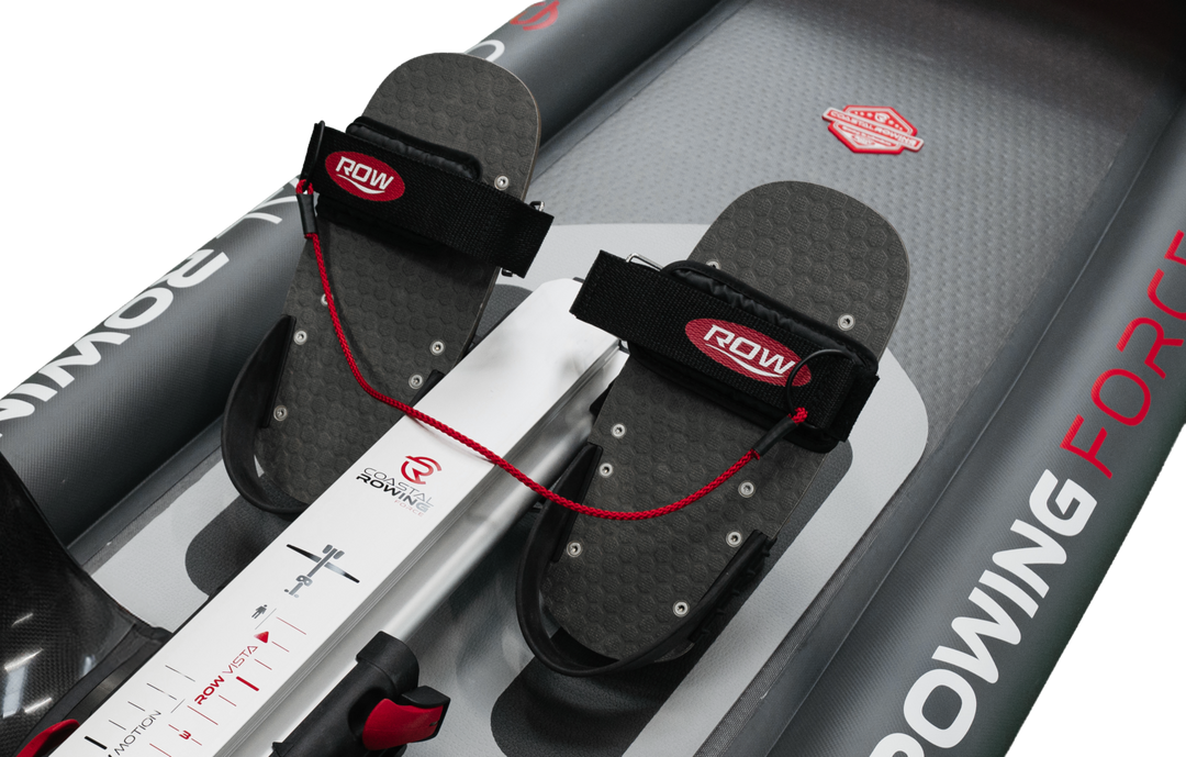 ROWonAIR foot stretcher with pivot axle, belts and safety leash