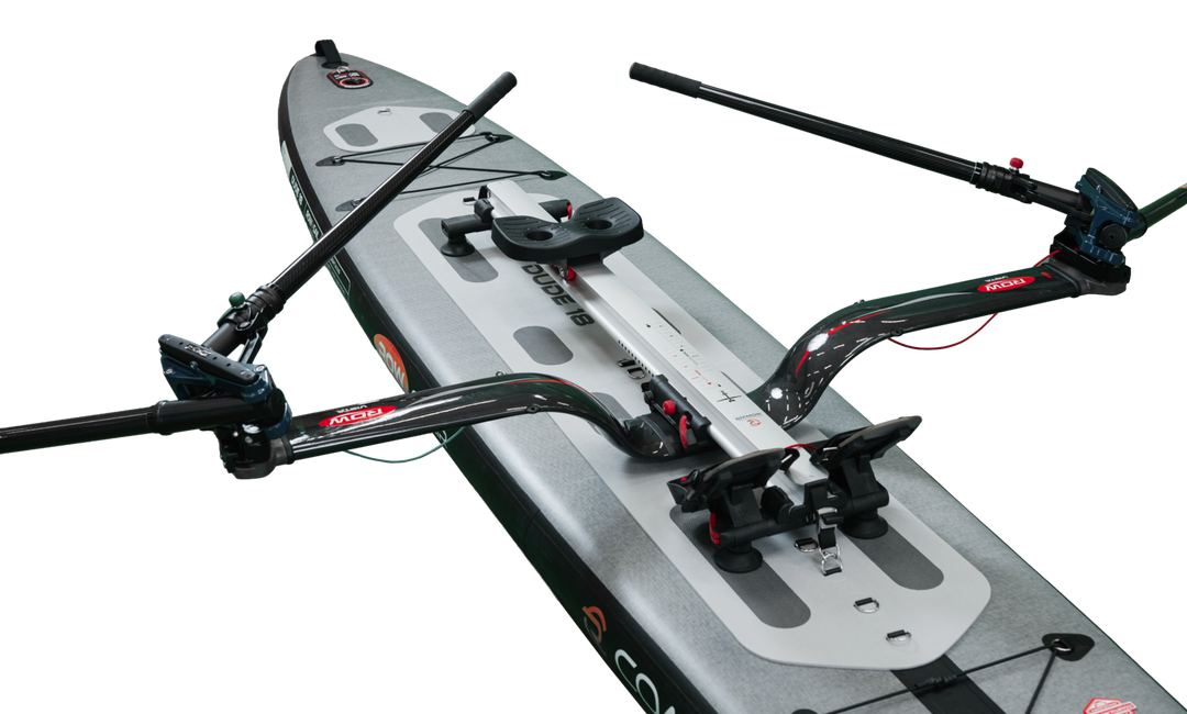 RowVista monorail, sliding seat and carbon outrigger mounted on a DUDE 18 board