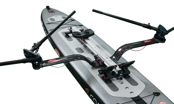 RowVista monorail, sliding seat and carbon outrigger mounted on a DUDE 18 board
