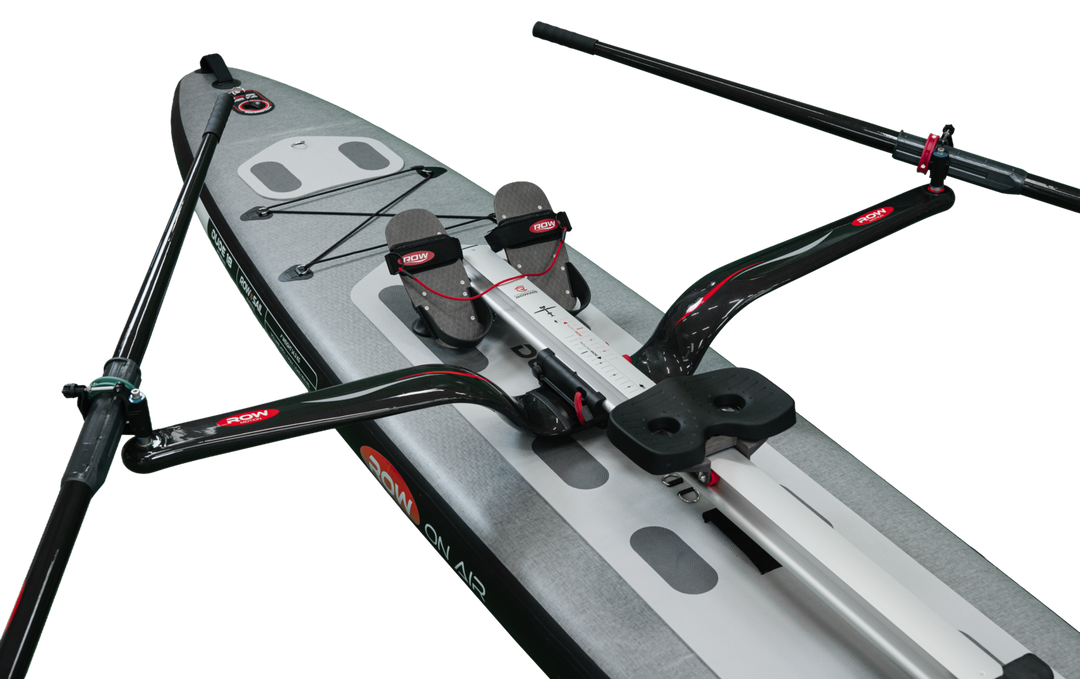 ROWonAIR RowMotion classic rowing system mounted on a DUDE 18 inflatable board