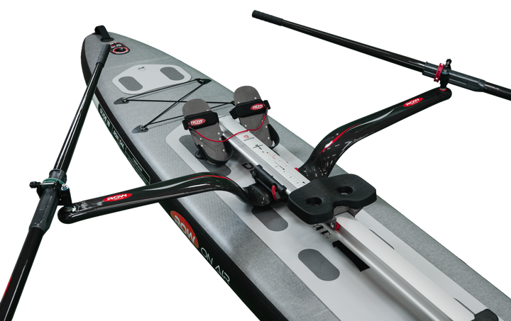 ROWonAIR RowMotion classic rowing system mounted on a DUDE 18 inflatable board
