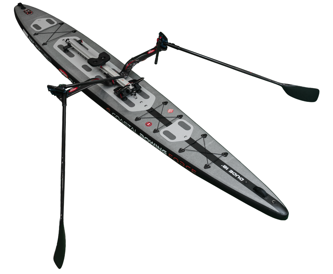 ROWonAIR DUDE 18 inflatable rowing board, full-length studio view of the wide 76 cm deck