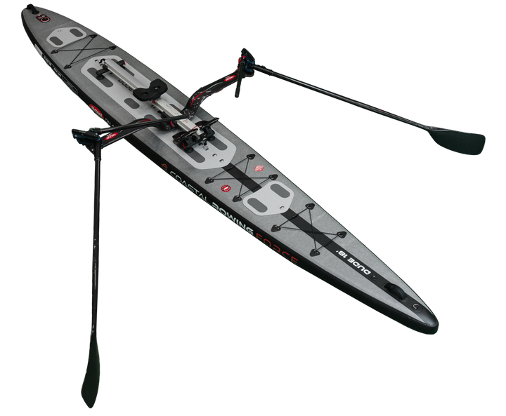 ROWonAIR DUDE 18 inflatable rowing board, full-length studio view of the wide 76 cm deck