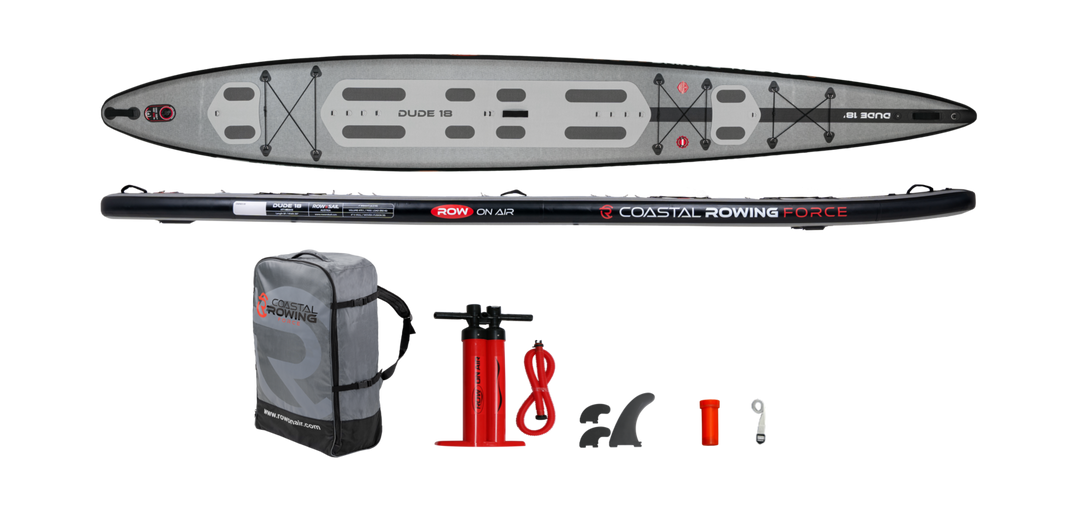 Everything included with the DUDE 18: board, wheeled backpack, pump, three fins, strap and repair kit