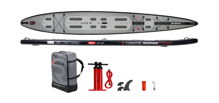 Everything included with the DUDE 18: board, wheeled backpack, pump, three fins, strap and repair kit