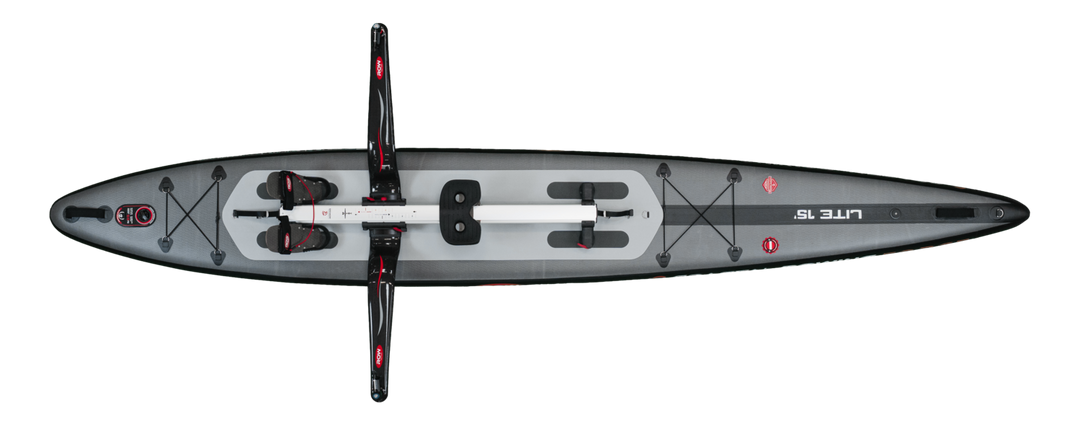 LITE 15 rowing board seen from the bow showing the 4 degree V-bottom