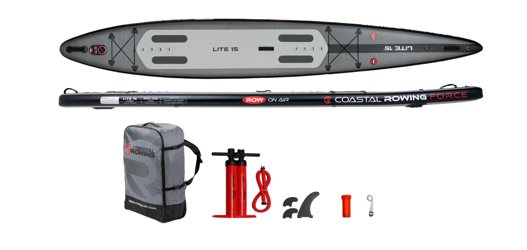 Everything included with the LITE 15: board, wheeled backpack, pump, three fins, strap and repair kit