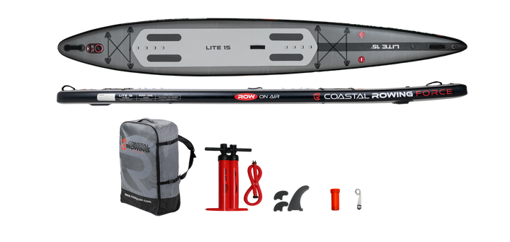 Everything included with the LITE 15: board, wheeled backpack, pump, three fins, strap and repair kit