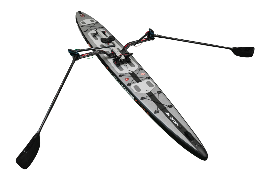 ROWonAIR MOJO 18 inflatable rowing board, full-length studio view of the narrow 66 cm hull