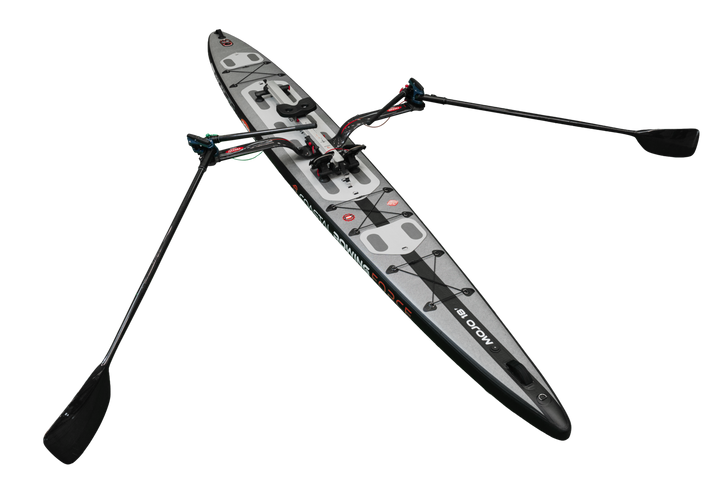 ROWonAIR MOJO 18 inflatable rowing board, full-length studio view of the narrow 66 cm hull