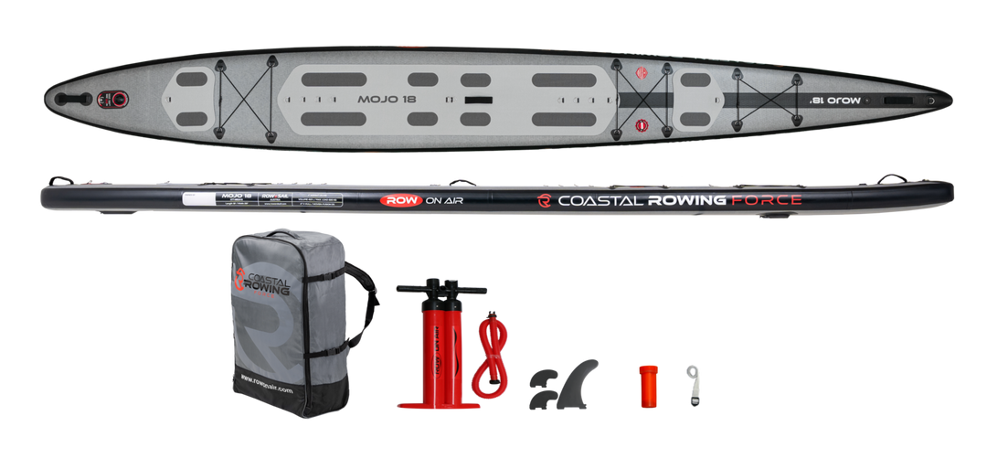 Everything included with the MOJO 18: board, wheeled backpack, pump, three fins, strap and repair kit