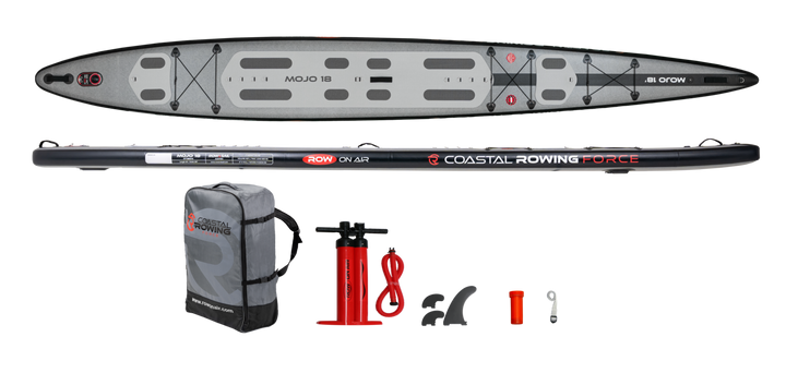 Everything included with the MOJO 18: board, wheeled backpack, pump, three fins, strap and repair kit