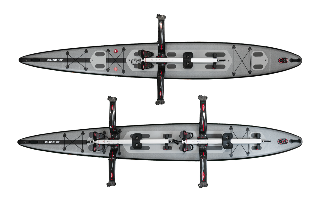 Diagram of the two rowing skid positions on the DUDE 18 for single and double sculling
