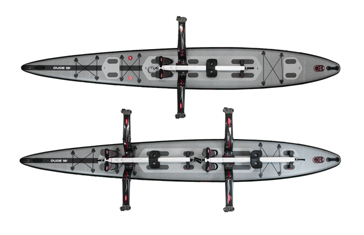 Diagram of the two rowing skid positions on the DUDE 18 for single and double sculling