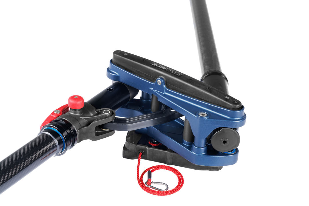 The patented RowVista rocker-arm linkage that feathers the scull blade