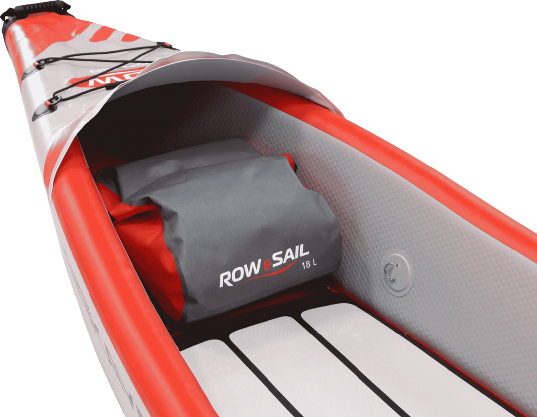 Luggage stowed in the bow cockpit of the ROWonAIR AIRKAYAK 16