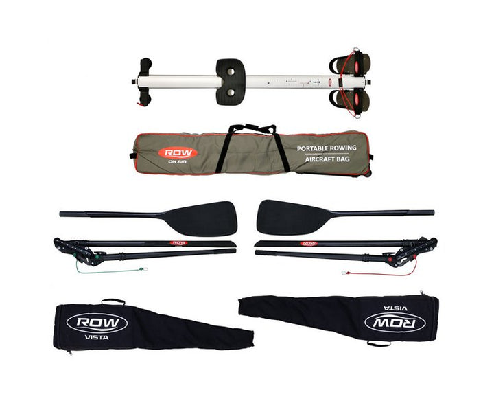 Everything included with the RowVista set: monorail, sliding seat, foot stretcher, outrigger, carbon sculls and bags