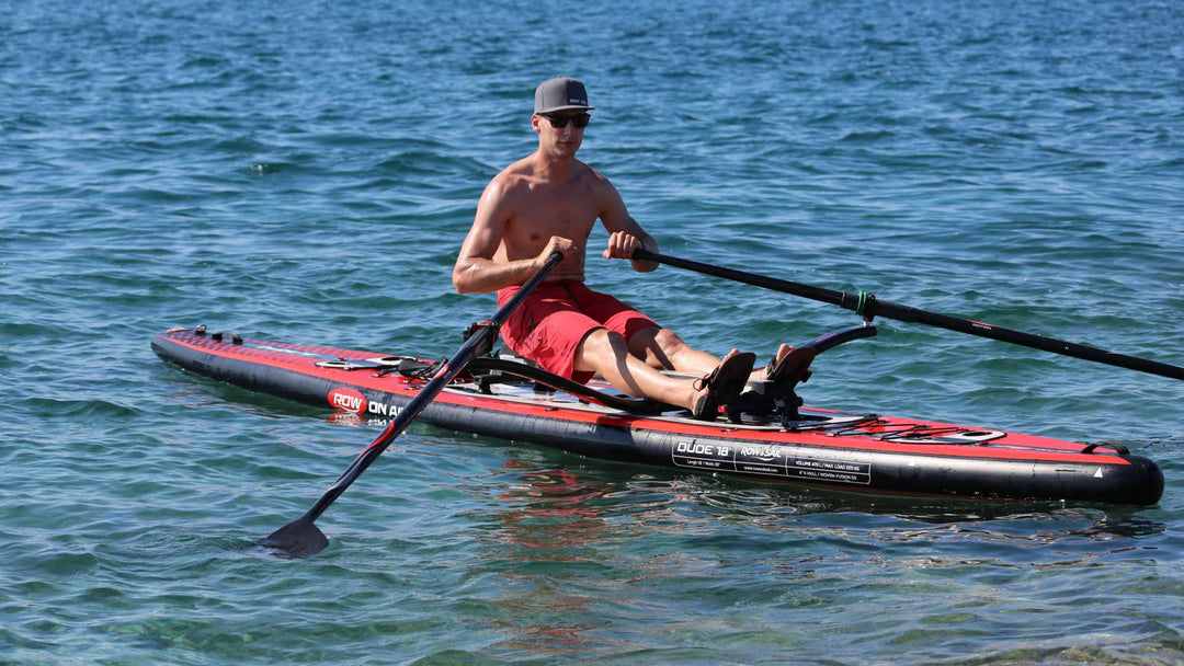 DUDE 18 rowing board rigged with a RowMotion classic rowing system