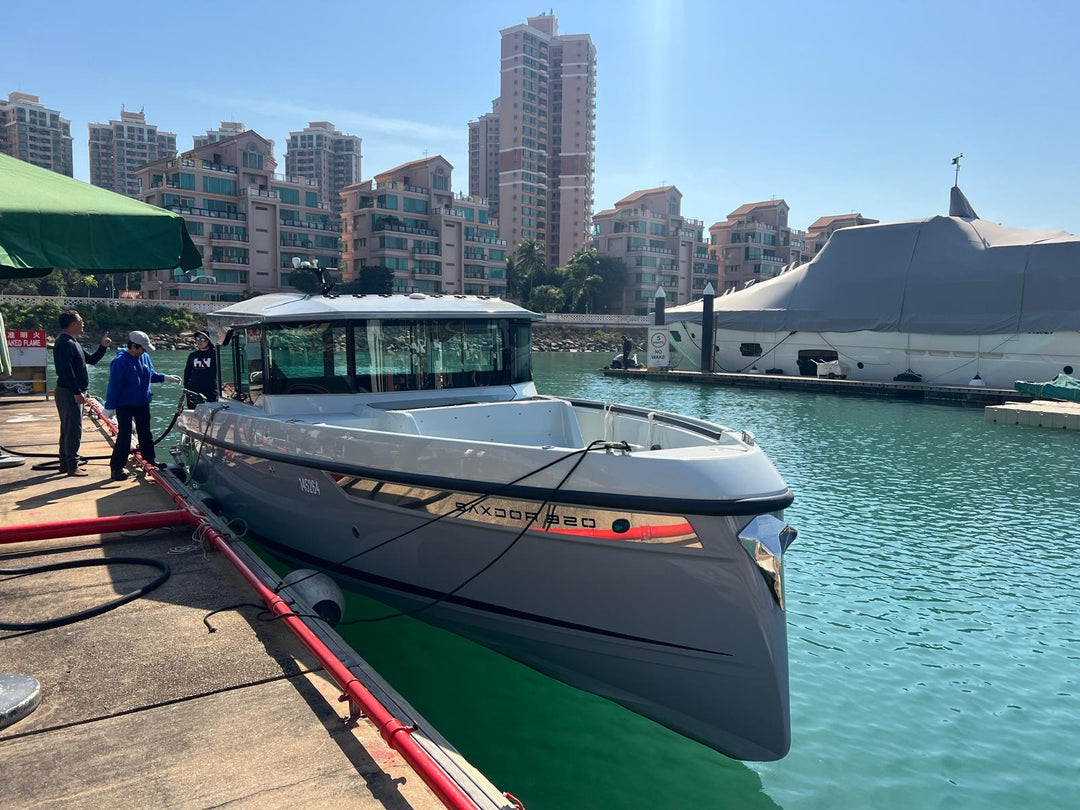 Used 2023 Saxdor 320 GTC berthed at Gold Coast Yacht and Country Club, Tuen Mun, Hong Kong, grey hull and enclosed wheelhouse