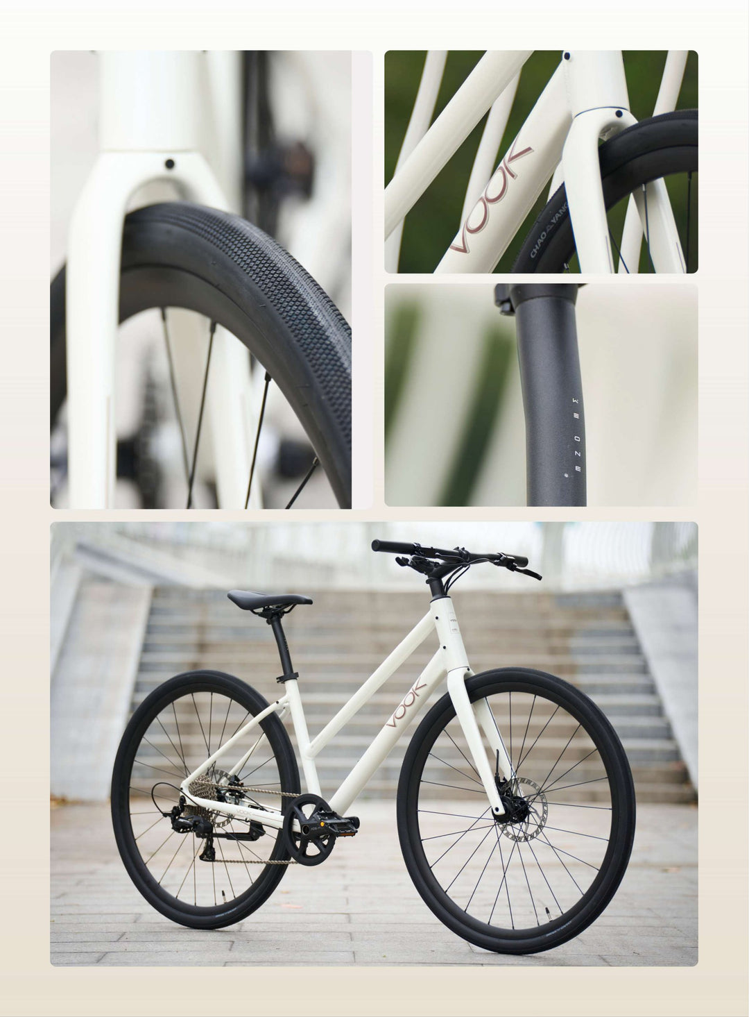 VOOK CRV details: 35C tyre, frame decal, seatpost and bike on steps