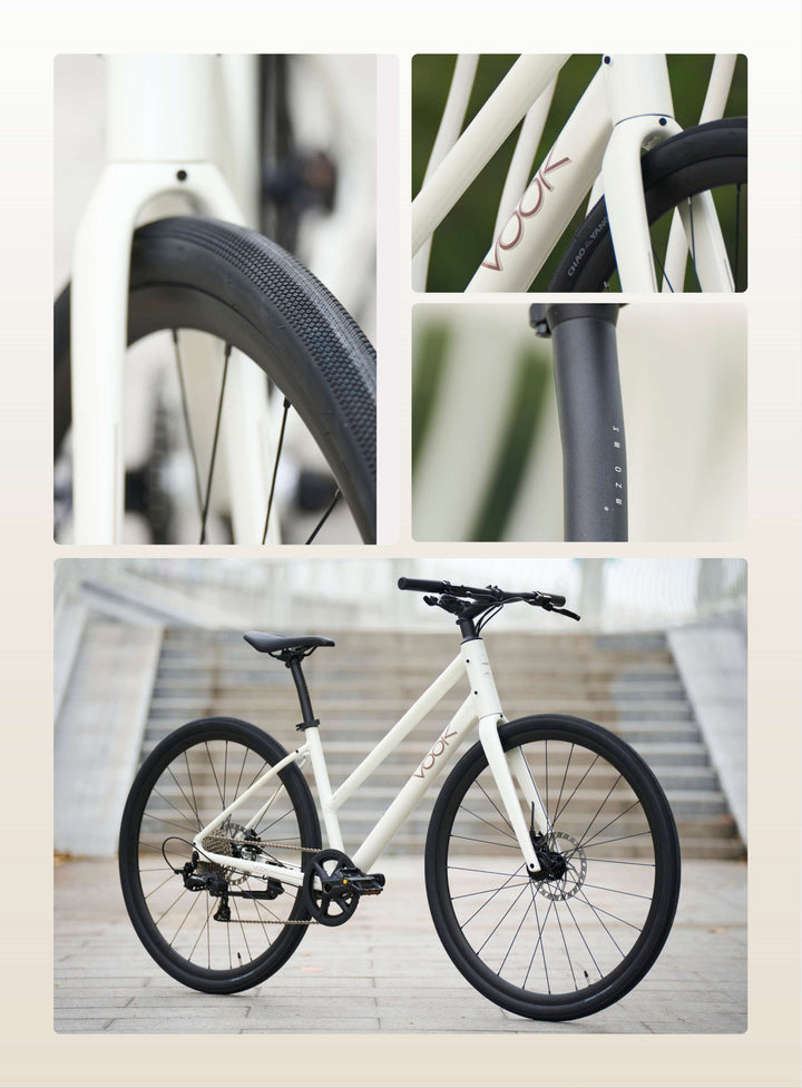 VOOK CRV details: 35C tyre, frame decal, seatpost and bike on steps
