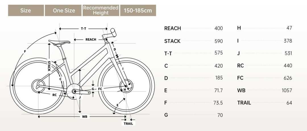 VOOK CRV one-size geometry chart for riders 150-185 cm