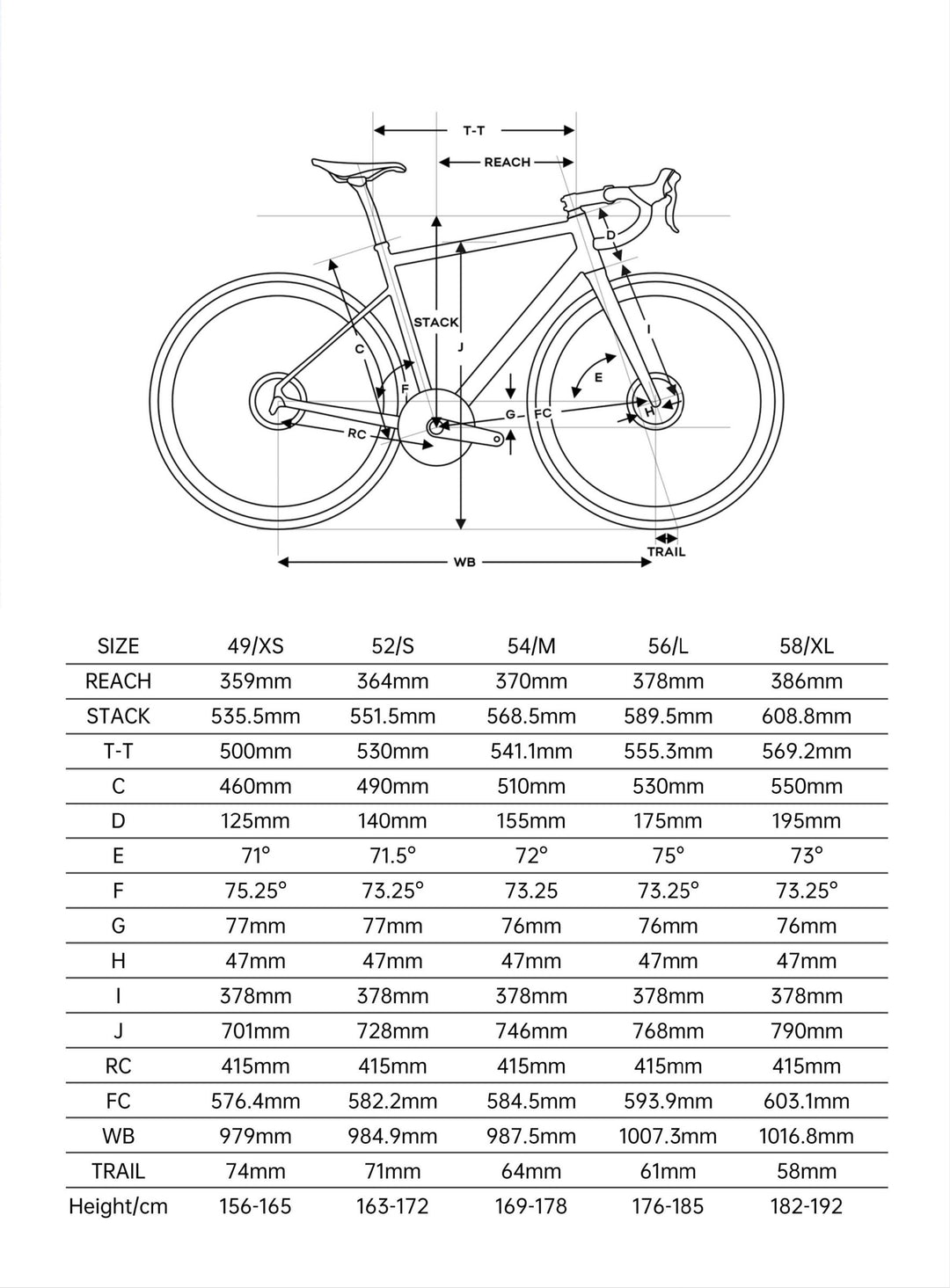 VOOK ONE 3.0 frame geometry chart, sizes XS/49 to XL/58