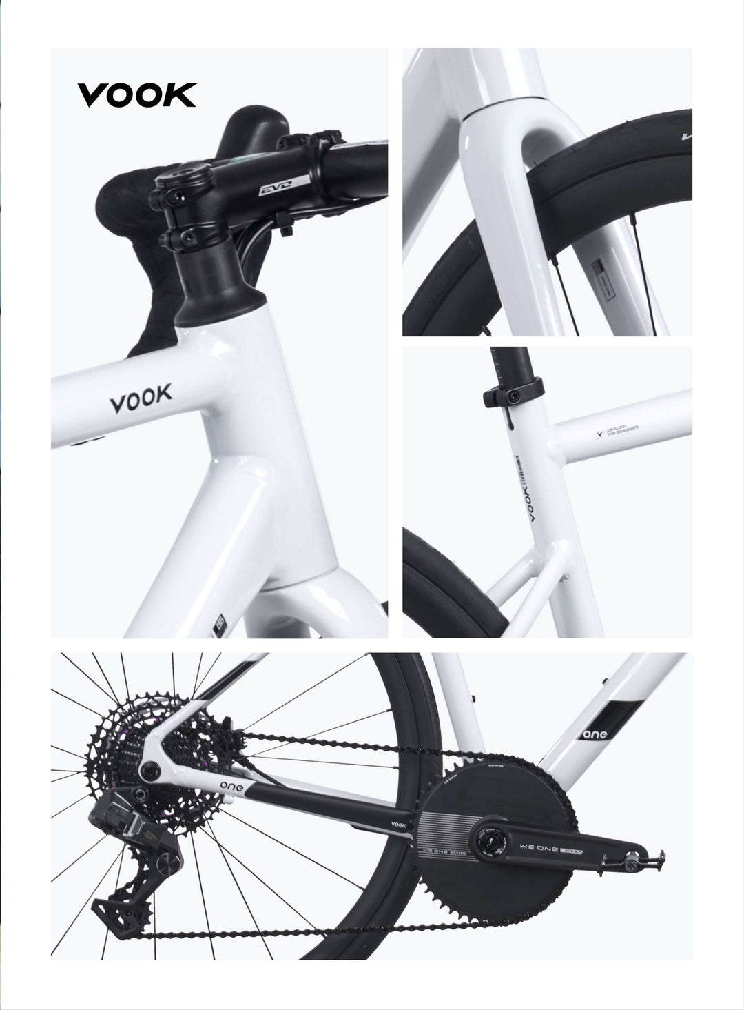 VOOK ONE 3.0 White details: stem, carbon fork, seatpost and enclosed 1x crankset