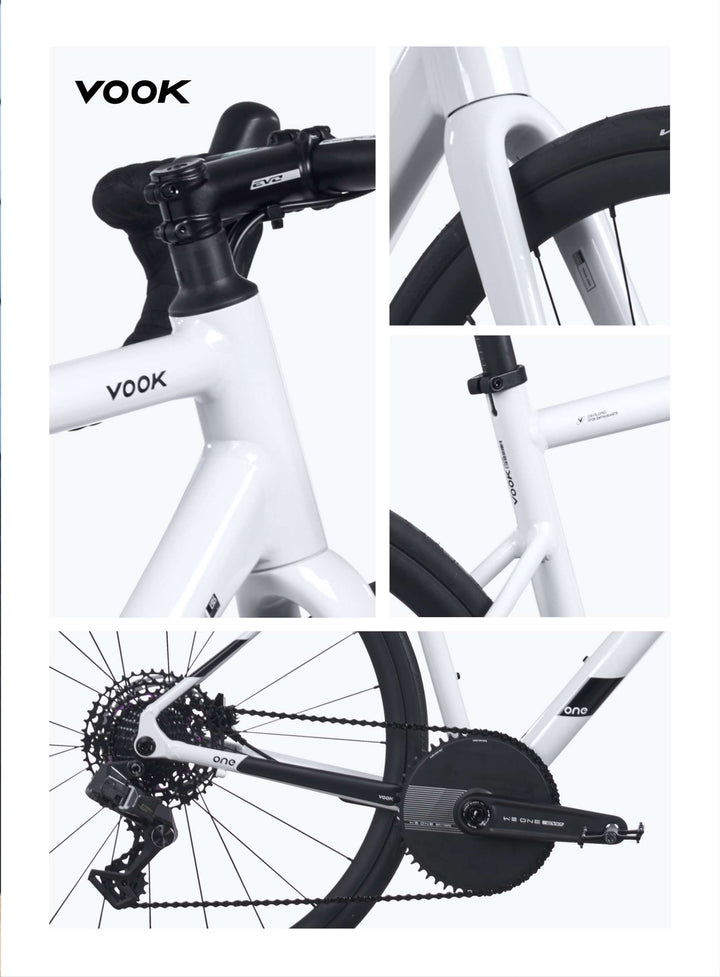 VOOK ONE 3.0 White details: stem, carbon fork, seatpost and enclosed 1x crankset